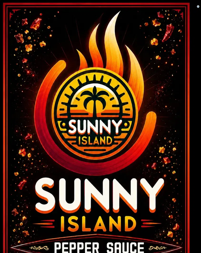 Sunny Island Pepper Sauce — the flame and palm badge over the wordmark.